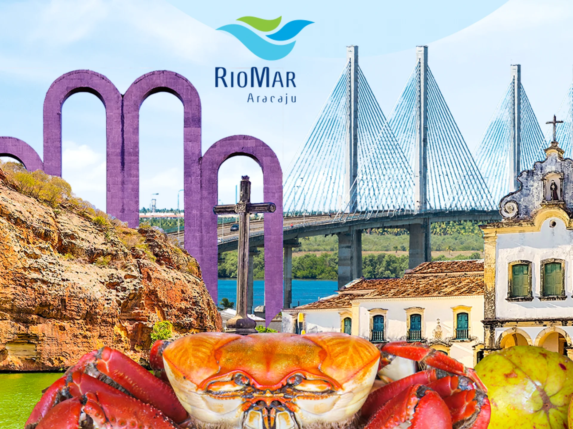 Elementos visual que fazem alusão ao estado de Sergipe: Arcos da Orla, Caranguejo, Cânios, ponte, igreja